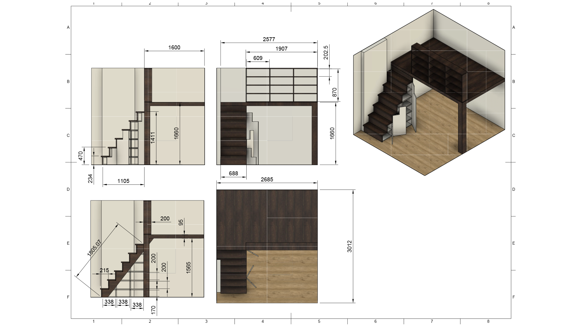 Galériaágy lépcsős tárolóval – 3D látványterv