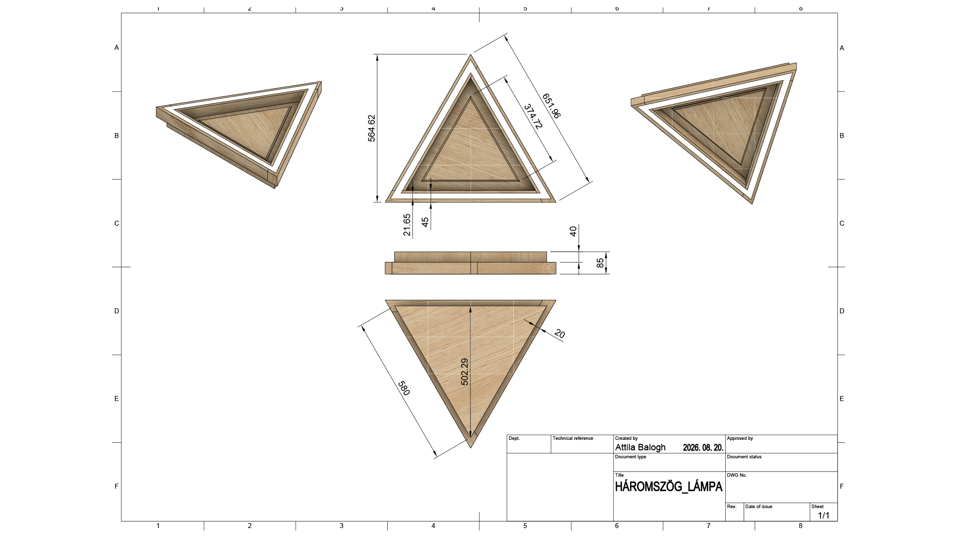 Háromszög tömörfa lámpa – 3D műszaki terv